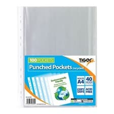 Image of Tiger A4 punched pockets school office document filing folders sleeves 45 Micron