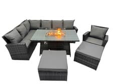 Image of Fimous High Back Rattan Corner Garden Furniture Gas Fire Pit Heater Dining Table
