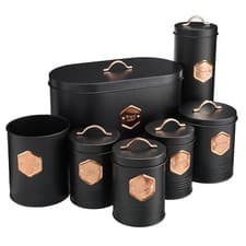 Image of Tea Coffee & Sugar Canisters Bin Jar Storage 7pc Black/Copper Cooks Professional