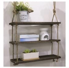 Image of 3 Tier Wooden Hanging Shelf | Wall Mounted Rope Shelving Solid Wood Shelf M&W
