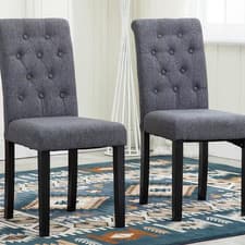 Image of Dining Chairs With BUTTONS Grey Fabric Set of 2 Roll Top Scroll Wooden Legs