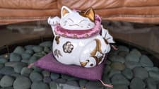 Image of Lucky Cat (Purple) Money Box with Purple Cushion Japanese Ceramic Ornament 20cm