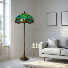 Image of 16” Green Tiffany Floor Lamp – Handmade Multicolour Stained Glass Shade