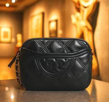 Image of NEW Tory Burch Soft Fleming Black Leather Small Camera Crossbody/Shoulder Bag