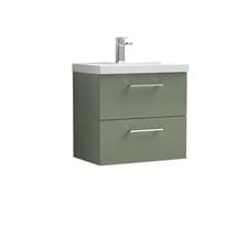 Image of Nuie Arno Satin Green 600mm Wall Hung 2 Drawer Vanity Unit and Mid Edge Ceramic