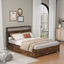Image of Double / King Size Bed Frame with Headboard, 4 Drawers Shelf Platform Slats Bed