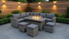 Image of Tarporley 9 Seater Garden Rattan Firepit Corner Dining Set Table Sofa Stool