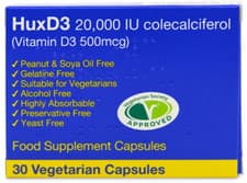Image of HuxD3 20000iu Colecalciferol Vitamin D3 - HUX Capsules Vegetarian Halal Kosher