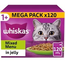 Image of 120 x 85g Whiskas 1+ Mixed Menu Mixed Adult Wet Cat Food Pouches in Jelly MEGA