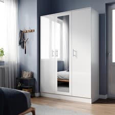 Image of White High Gloss 2/3 Door Wardrobe with Hanging Rails Bedroom Furniture 2 Set