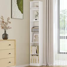 Image of Tall Narrow Bookcase 6 Tier White Wooden Bookshelf Open Storage Unit