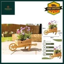Image of Charming Wooden Wheelbarrow Planter Rustic Outdoor Flower Pot 69x32x26.5cm