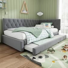 Image of 3ft Single Velvet Daybed with Trundle Bed, Upholstered Sofa Bed 90x190cm Grey