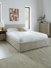 Image of Porto End Lift Up Storage Ottoman King Bed Natural Fabric Bedroom Furniture UK