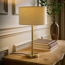 Image of Brushed Gold Twist Table Lamp Light Natural Drum Lampshade Living Room Bedside
