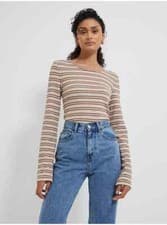 Image of Neutral Striped Flare Sleeve Jumper Top SIZE UK 12 G1