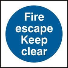 Image of FIRE ESCAPE KEEP CLEAR SIGN WHITE/BLUE 100X100MM
