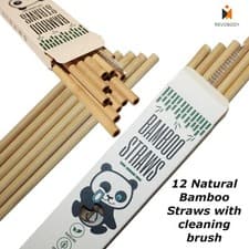Image of 🍹🍹 Pack of 12 - Cocktail Reusable Bamboo Drinking Straws Cleaning Brush 🍹🍹