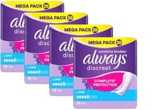 Image of Always Discreet Incontinence Pads Women, Long, 104 High Absorbency Pads 26 x 4