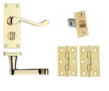 Image of Victorian Scroll Privacy Bathroom door handle Polished Brass inc Hinge and Latch