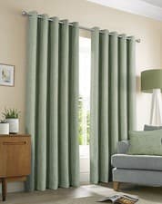 Image of Sundour Amberley Plain Chenille Eyelet Thermal Lined Curtains Pair Sage Green