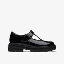 Image of Clarks Girls Prague Brill Kid Black Patent T Bar Shoes,School Shoes Patent