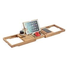 Image of Bamboo Bath Caddy Extendable Adjustable Home Spa Wooden Bath Tray Rack Organiser