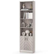 Image of COSTWAY 6-Tier Bookshelf 180cm Tall Bookcase w/4 Open Cubes & Double Doors Grey