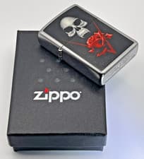 Image of Genuine Brand New 2010 ZIPPO Lighter Rare FANGED SKULL & RED ROSE Street Chrome