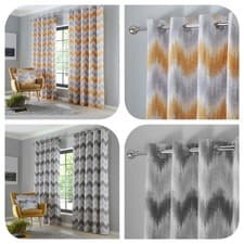 Image of Curtains lined eyelet ochre mustard yellow grey geometric zigzag CLEARANCE SALE