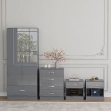 Image of 4 Piece Gloss Grey Bedroom Furniture Bedside Table Wardrobe Set Chest of Drawer