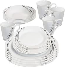 Image of 16PC Dinner Set Black Pattern Dinnerware Plates Bowls Mugs Microwave Dishwasher