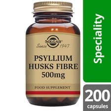 Image of Solgar Psyllium Husks Fibre 500mg 200 Vegetable Capsules Vegan Gluten Dairy Free