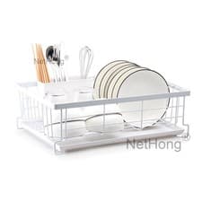 Image of Dish Drainer Rack w/ Drip Tray Cutlery Holder Kitchen Drying Rack White