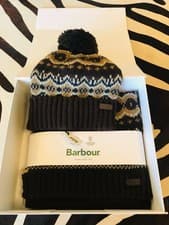 Image of NEW MENS BARBOUR FAIRISLE AUTUMN DRESS BROWN BEANIE POM POM HAT & SCARF
