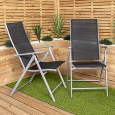 Image of 2 x Multi Position High Back Reclining Garden Folding Chair in Black and Silver
