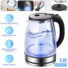 Image of 2L Electric Kettle Fast Glass Kettle Boil Quiet 360 Blue LED Boil-Dry Protection