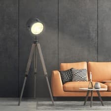 Image of Tripod Floor Lamp Steel Pine Wood Finish Height Adjustable Home Office Grey