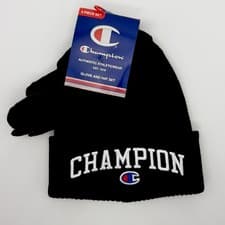 Image of Champion Beanie Hat and Gloves Set Black Unisex NEW Embroidered