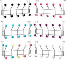Image of CHROME 10 HOOK OVER DOOR HANGER RACK PINK TURQUOISE PURPLE WHITE BALLS BATHROOM