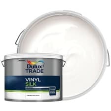 Image of Dulux Trade Vinyl Silk Emulsion Pure Brilliant White 10L Interior Walls UK Decor