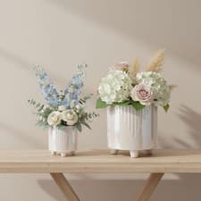 Image of Set of 2 Iridescent Line Footed Planters with Ivory Accents – Ceramic Stoneware
