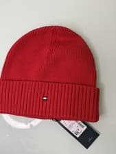 Image of Tommy Hilfiger red Ribbed Beanie Hat Brand New with Tags One Size Fits All