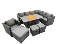 Image of Fimous Rattan Garden Furniture Dining Set Gas Firepit Table Corner Sofa Set Grey