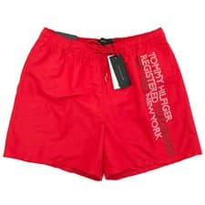Image of TOMMY HILFIGER Mens Swim Shorts | Red Logo Swimming Trunks