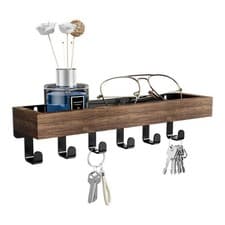Image of Rustic Wall Key Rack 6 Hooks Shelf Solid Wood Entryway Organizer for Home Decor