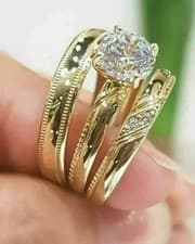 Image of 2CT Certified Moissanite Bridal Trio Wedding Ring Set 14k Yellow Gold Plated