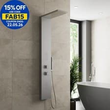 Image of Thermostatic Shower Panel Column Tower Body Jets Twin Head Brushed Steel Finish