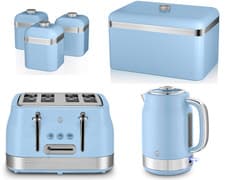 Image of Swan Retro Revive Blue Jug Kettle, 4 Slice Toaster, Breadbin & Canisters Set