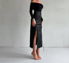 Image of Womens genuine leather Corns Lace-Up Mid-Waist Stylish black Leather Skirt W08